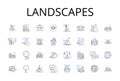 Landscapes line icons collection. Mountainscapes, Waterscapes, Skyscapes, Cityscapes, Seascapes, Forestscapes