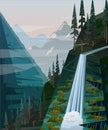 Landscapes with mountains, waterfall and fir trees