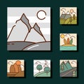 landscapes nature mountains peak desert forest tropical cartoon, icons set line and fill