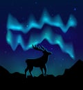 Landscapes northern lights in the starry sky and with silhouette of deer on mountains. vector eps10