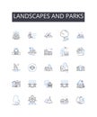 Landscapes and parks line icons collection. Oceans and beaches, Mountains and valleys, Forests and woodlands, Rivers and