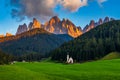 Landscapes with San Giovanni Church and small village in Val di Funes, Dolomite Alps, South Tyrol, Italy, Europe. San Giovanni in Royalty Free Stock Photo