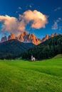 Landscapes with San Giovanni Church and small village in Val di Funes, Dolomite Alps, South Tyrol, Italy, Europe. San Giovanni in Royalty Free Stock Photo