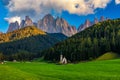 Landscapes with San Giovanni Church and small village in Val di Funes, Dolomite Alps, South Tyrol, Italy, Europe. San Giovanni in Royalty Free Stock Photo