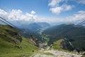 Landscapes in Seceda, view from the cable car with blue sky in Dolomites mountain range in summer Royalty Free Stock Photo