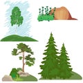 Landscapes with trees, grass, stone. Forest landscape, set of elements for illustrations