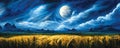 Landscapes of wheat field at the night, panorama view, full moon