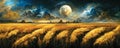 Landscapes of wheat field at the night, panorama view, full moon