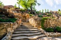 Landscaping. Decorative stone steps down the hill