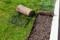 Landscaping design, improvement of territory in the park. Rolls of turf or turfgrass. Natural green grass Royalty Free Stock Photo