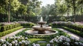 landscaping design, a peaceful backyard garden with a bubbling fountain as the focal point, featuring beautifully Royalty Free Stock Photo