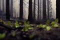 Landscaping of devastated burnt land after wildfire in forest background. Nature rebirth, wilderness survival