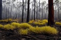 Landscaping of devastated burnt land after wildfire in forest background. Nature rebirth, wilderness survival