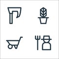 landscaping equipment line icons. linear set. quality vector line set such as gardener, wheelbarrow, plant pot