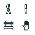 Landscaping equipment line icons. linear set. quality vector line set such as gloves, bench, knife