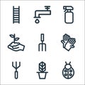Landscaping equipment line icons. linear set. quality vector line set such as bug, plant pot, rake, gloves, rake, sprout, spray Royalty Free Stock Photo