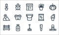 Landscaping equipment line icons. linear set. quality vector line set such as lawn mower, rake, bench, carrot, insecticide,