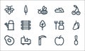 Landscaping equipment line icons. linear set. quality vector line set such as shovel, axe, pear, apple, tractor, watering can,