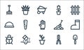 landscaping equipment line icons. linear set. quality vector line set such as shovel, plant pot, bug, pruning shears, seeding,