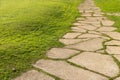 Landscaping of the garden. path curving through Lawn with green grass and walkway tiles Royalty Free Stock Photo