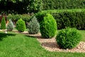 Landscaping garden with stones scattered wave with green bushes.