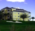 Landscaping at golf resort with yellow resort hotel Royalty Free Stock Photo