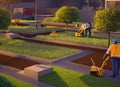 Landscaping and Groundskeeping Workers Fictional Work Enviroment Scene. Royalty Free Stock Photo