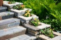 Landscaping on house stairway with flowerbeds, home landscape design