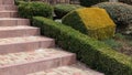 Landscaping and interior design in front of the house and stairs to the house in the mountains in front of the house Royalty Free Stock Photo