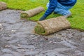 Landscaping laying new sod a backyard green lawn grass in rolls Royalty Free Stock Photo