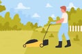 Landscaping maintenance service, man walking with lawnmower to cut and care grass of lawn Royalty Free Stock Photo