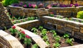 Landscaping with retaining walls and flowerbeds in house backyard