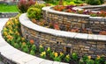 Landscaping with retaining walls and flowerbeds in residential house backyard