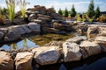 landscaping rocks being arranged around a pond