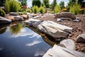 landscaping rocks being arranged around a pond