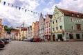 Panoramic view of traditional colorful gothic houses in Old Town, Landshut, Bavaria, Germany.