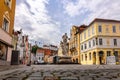 Panoramic view of traditional colorful gothic houses in Old Town, Landshut, Bavaria, Germany.