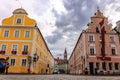 Panoramic view of traditional colorful gothic houses in Old Town, Landshut, Bavaria, Germany.