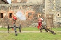 Landsknechts shooting from arquebuses Royalty Free Stock Photo