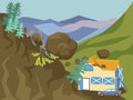 Landslide. The building is falling asleep with mountain, earth. In minimalist style Cartoon flat raster
