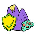 Landslide and yellow shield with tick icon cartoon