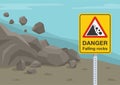 Landslides and rockfalls on the road in the mountains. Close-up view of a`Falling rocks` warning sign.