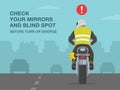 Lane changing.Check mirrors and blind spot before turn or diverge. Motorbike rider turns his head and looks back. Royalty Free Stock Photo