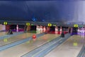 Lanes and bowling pins in a modern pin bowling alley