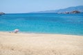 Naxos, Greece. Mikri Viglia beach. Summers day, golden sands, deep blue sea. Copy space. Royalty Free Stock Photo