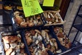 Mushrooms in a small shop at Bergamo, Italy. Display of traditional Iralian produce.