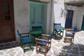 Tables and chairs in a corner of the old Venetian Kastro on the beautiful Greek island of Antiparos.