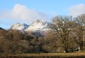 Langdale Pikes with snow from near Elterwater.