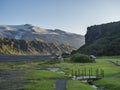 Langidalur camping site in Thorsmork with view on Godaland and Eyjafjallajokull glacier volcano and river Krossa