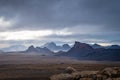 Langjokull Glacier epic mountain formations under dark clouds with small gaps of sun